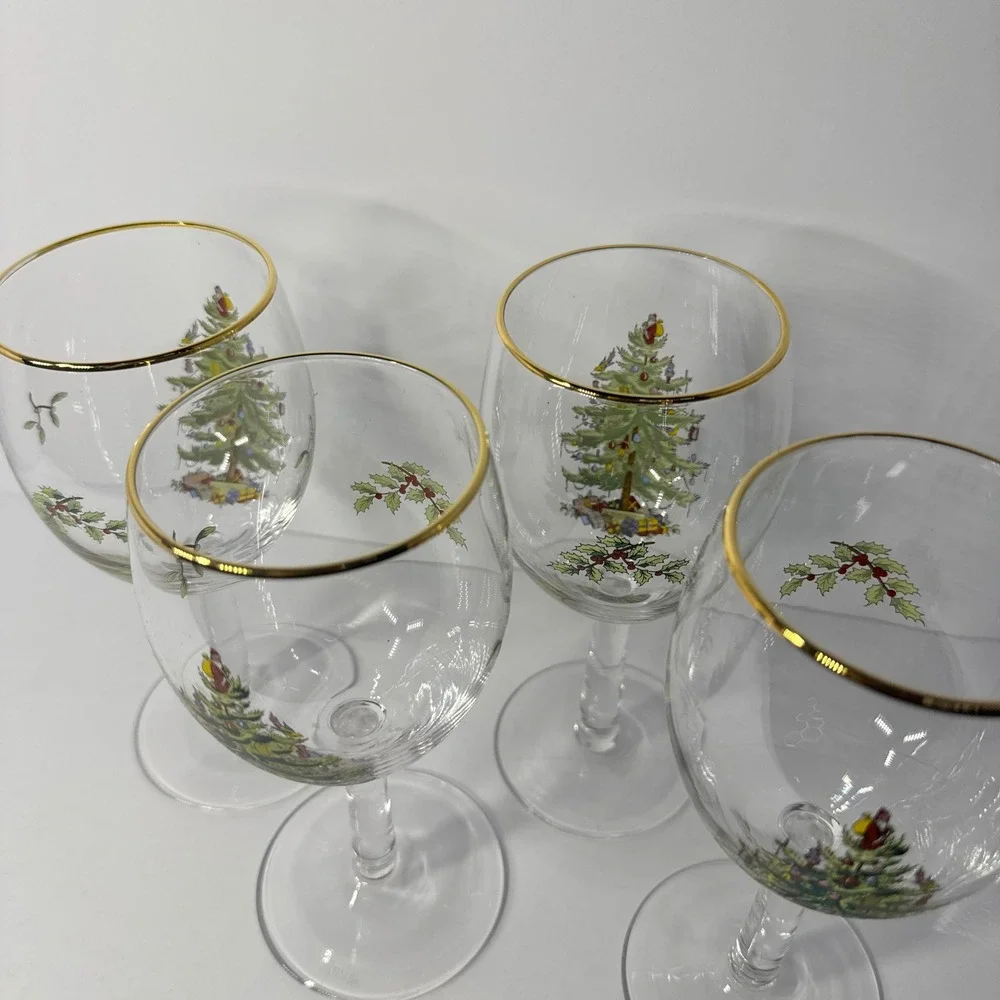 Spode Christmas Tree Wine Glasses Set of 4 Gold Rim Holiday Stemware 7.25 inch‎